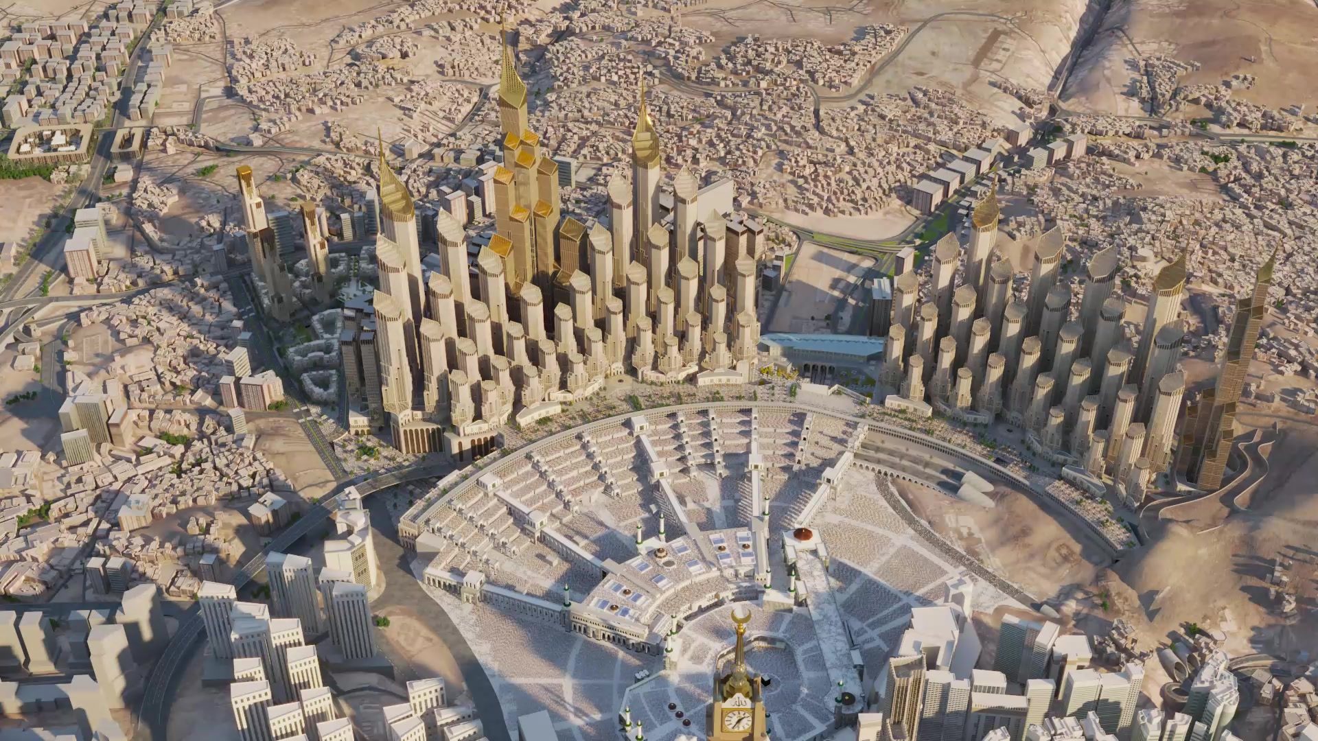 Aerial render of the King Salman Gate masterplan beside Al Masjid Al Haram