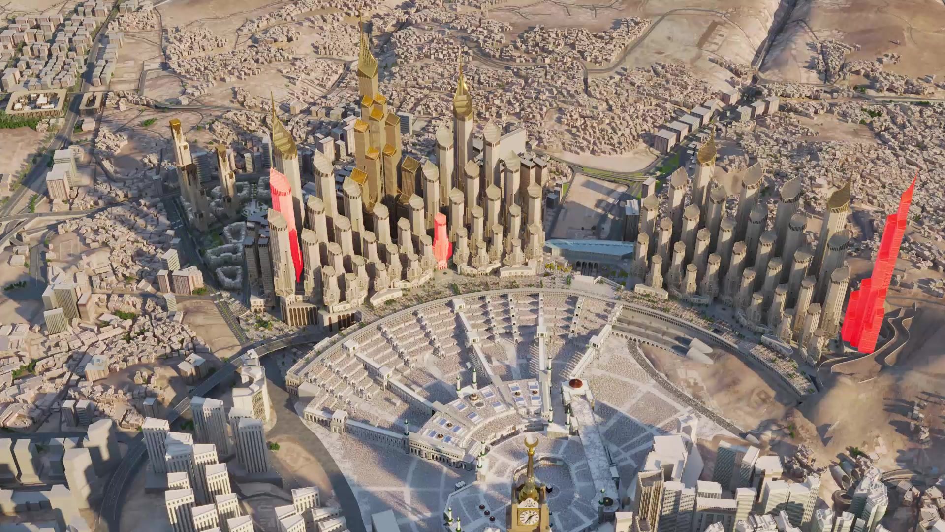 Three best-match towers highlighted in red on the King Salman Gate model