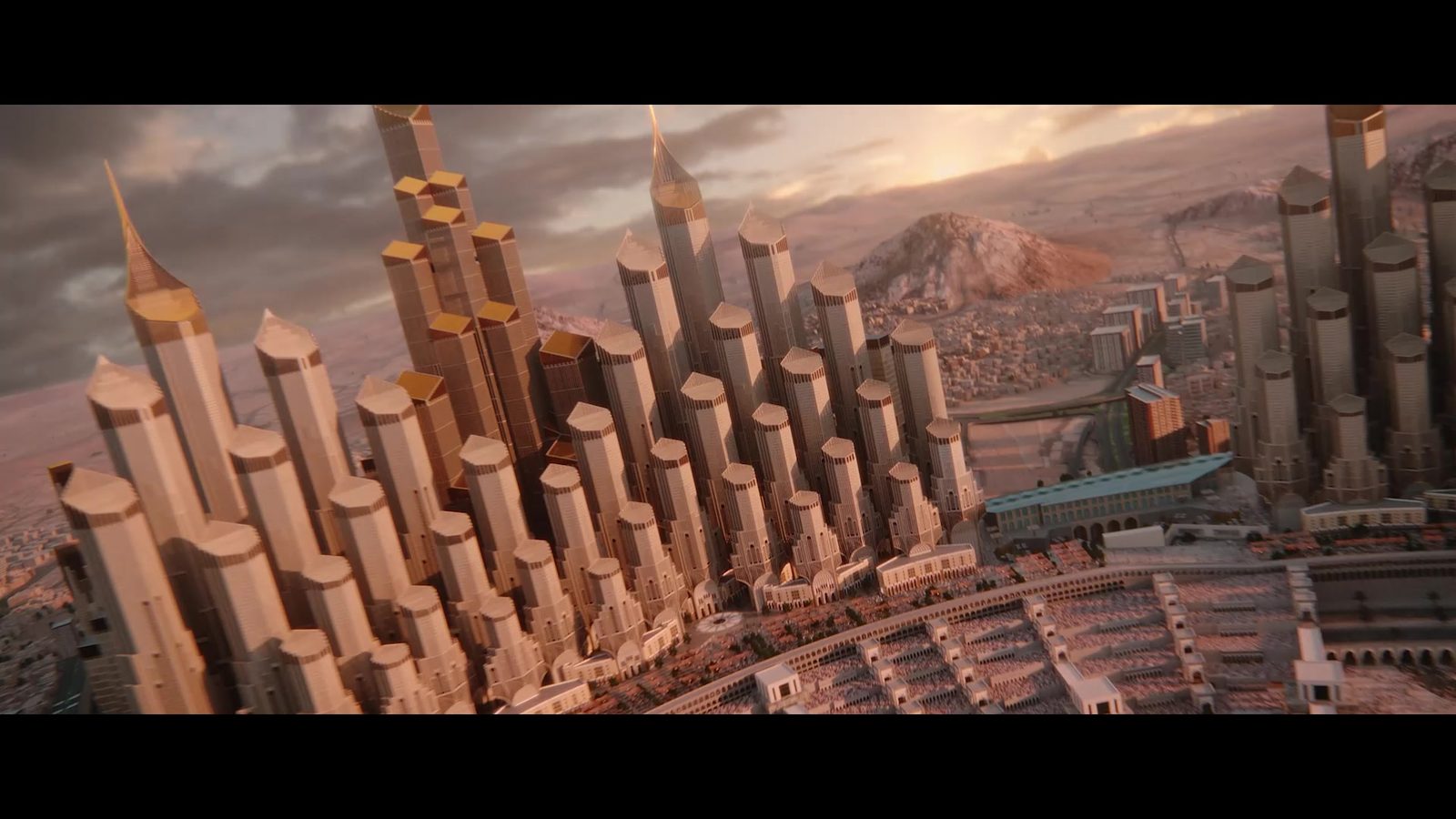Close view of the towers, as seen at full scale in an immersive headset