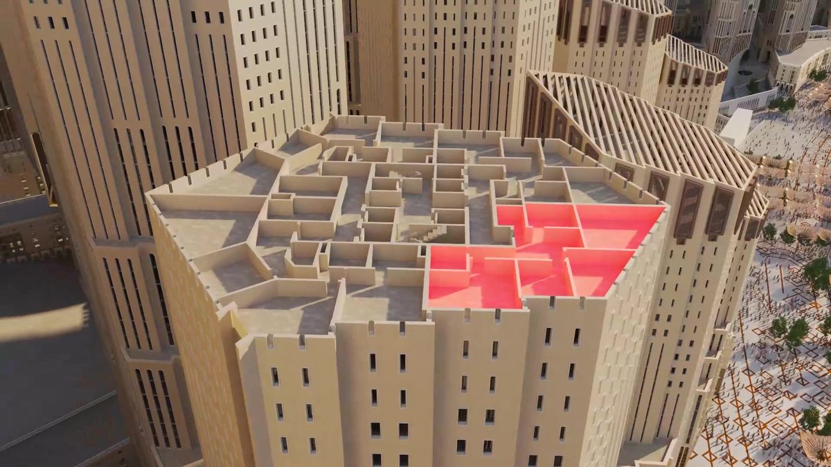 Cutaway of a tower top with the selected unit highlighted in red